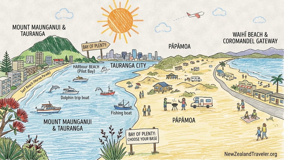 Aerial view of Mount Maunganui and Tauranga coastline on a sunny Bay of Plenty afternoon.