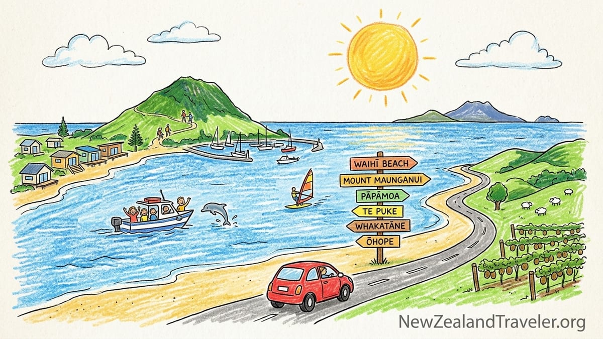 Aerial view of Mount Maunganui and Bay of Plenty coastline with long golden beach and gentle surf.
