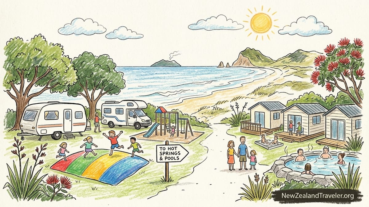 Aerial view of a Bay of Plenty beachfront holiday park with campervans, cabins and golden sand beach.