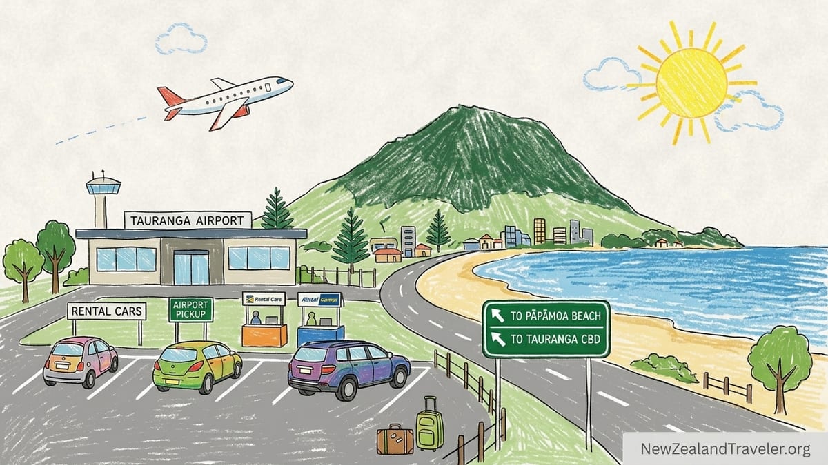 Aerial view of Tauranga Airport with rental cars and Mount Maunganui coastline.