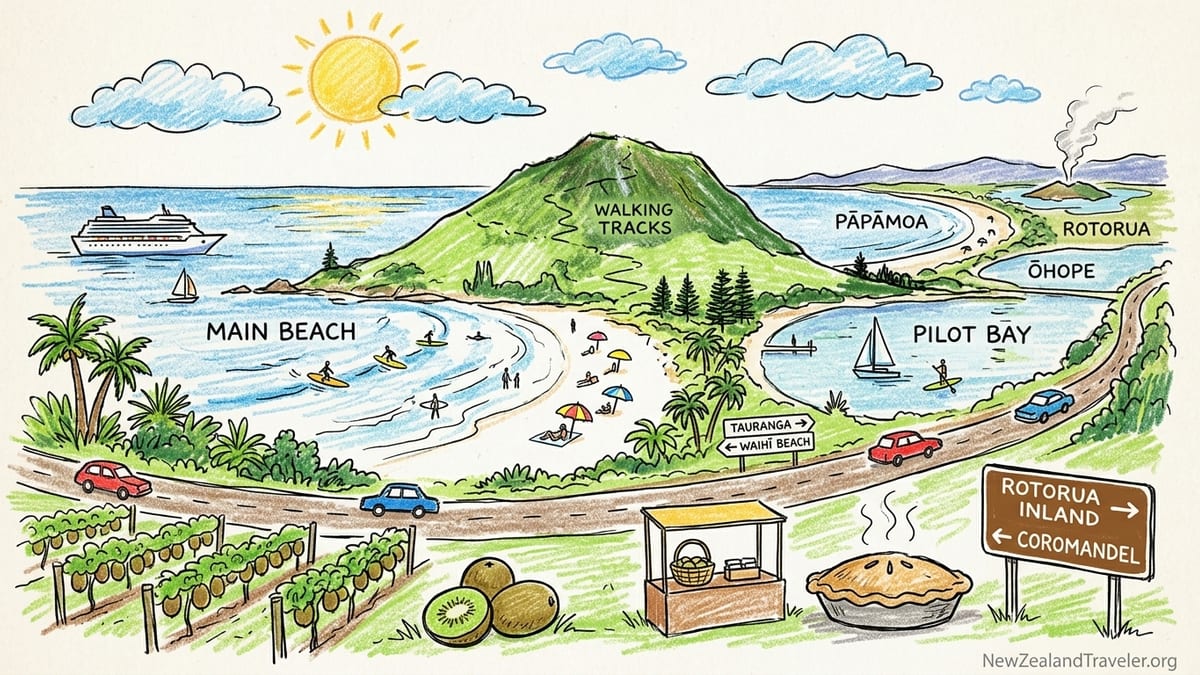 Aerial view of Mount Maunganui, Main Beach and Tauranga harbour on a sunny day.