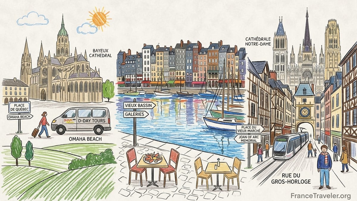 Evening view of Honfleur’s Vieux Bassin with boats, old houses and restaurant terraces reflected in the harbour water.
