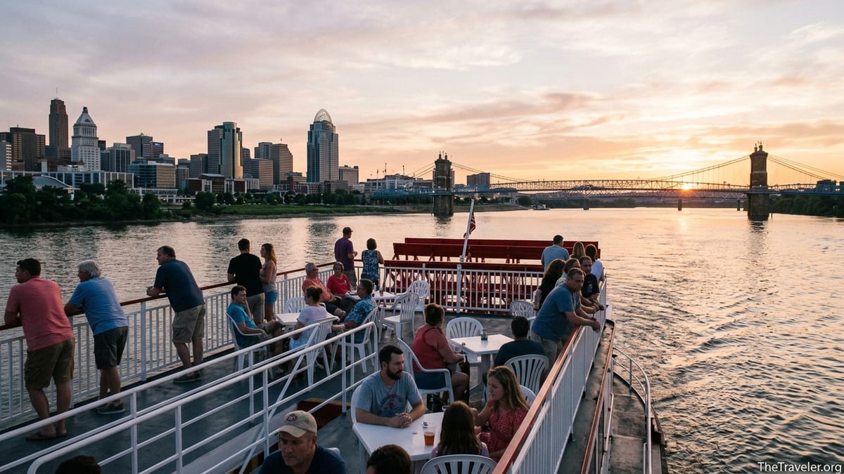 Passengers on a BB Riverboats cruise enjoy a sunset view of the Cincinnati skyline from the Ohio River.