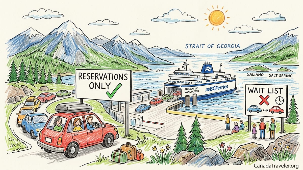 A BC Ferries ship crossing calm coastal waters between forested Gulf Islands near Vancouver Island.