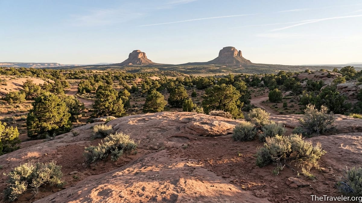 Golden-hour view across Cedar Mesa toward the twin Bears Ears buttes in southeastern Utah.