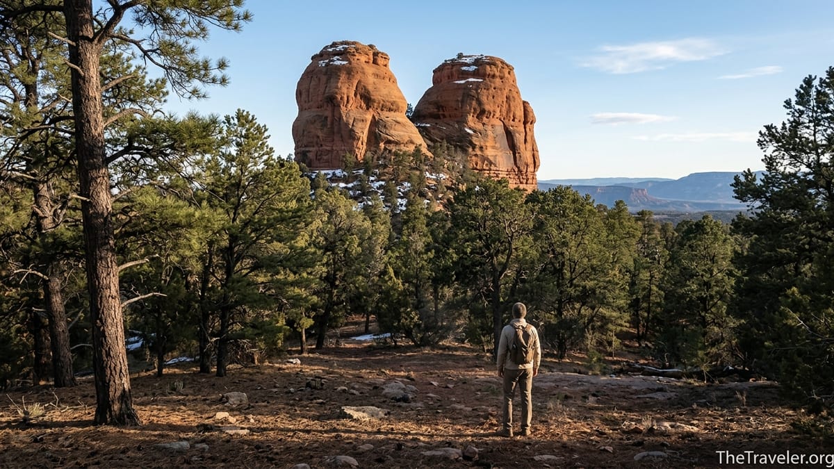 Traveler standing in a forest clearing beneath the twin sandstone buttes of Bears Ears at sunset.