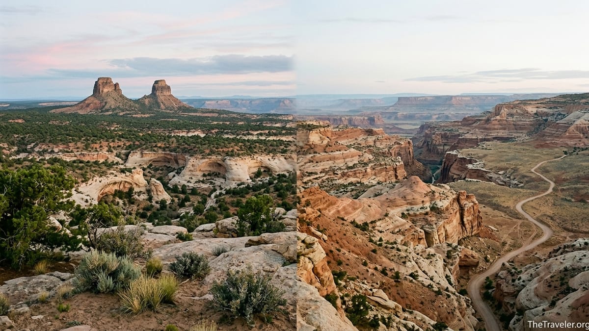 Sunrise over Bears Ears buttes and layered canyons of Grand Staircase Escalante in Utah.