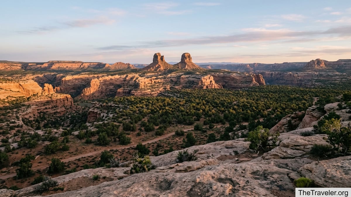 Sunrise over the twin buttes of Bears Ears above canyons and slickrock in southeastern Utah.