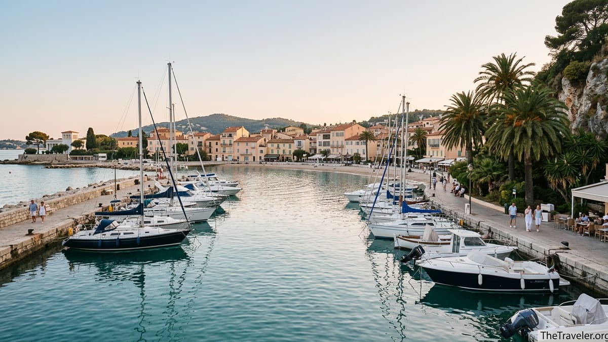 Marina and palm-lined bay of Beaulieu-sur-Mer at golden hour on the French Riviera.