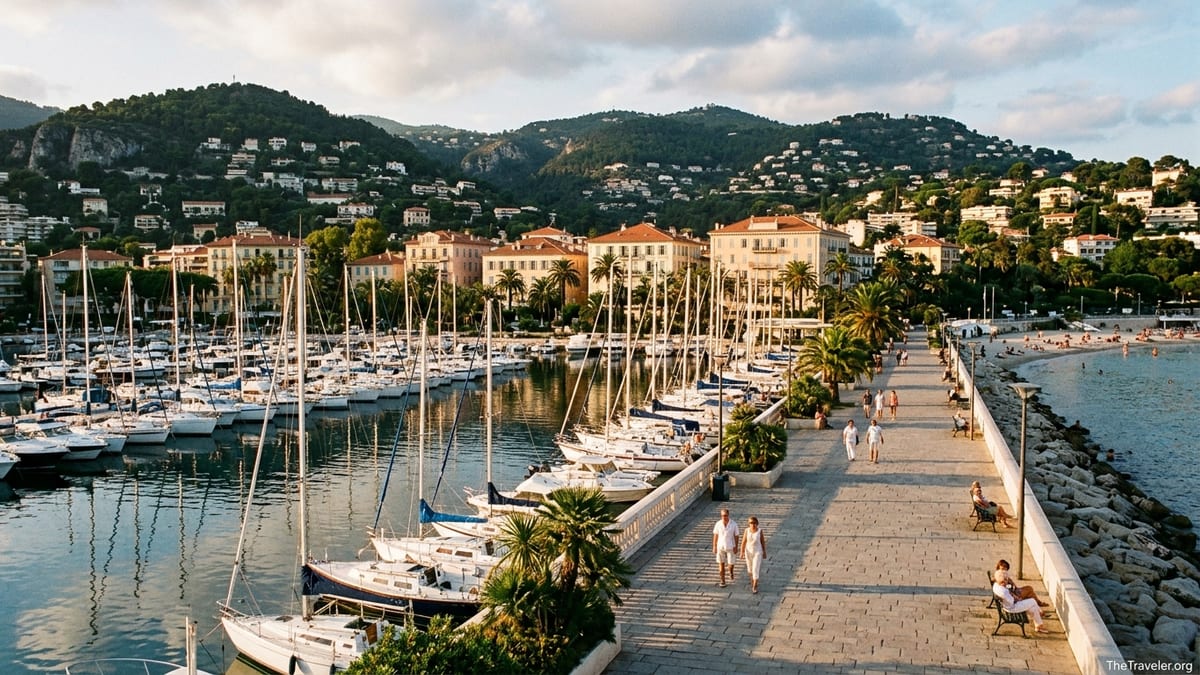 Golden hour view over the marina and seafront of Beaulieu-sur-Mer on the French Riviera.