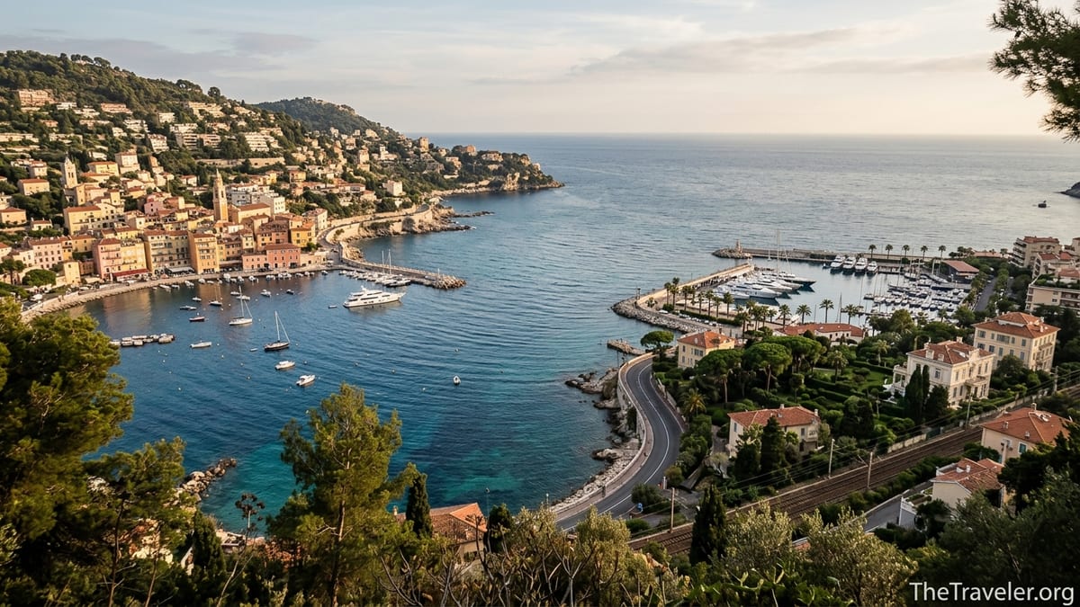 Aerial view of Villefranche-sur-Mer and Beaulieu-sur-Mer bays on the French Riviera at golden hour.