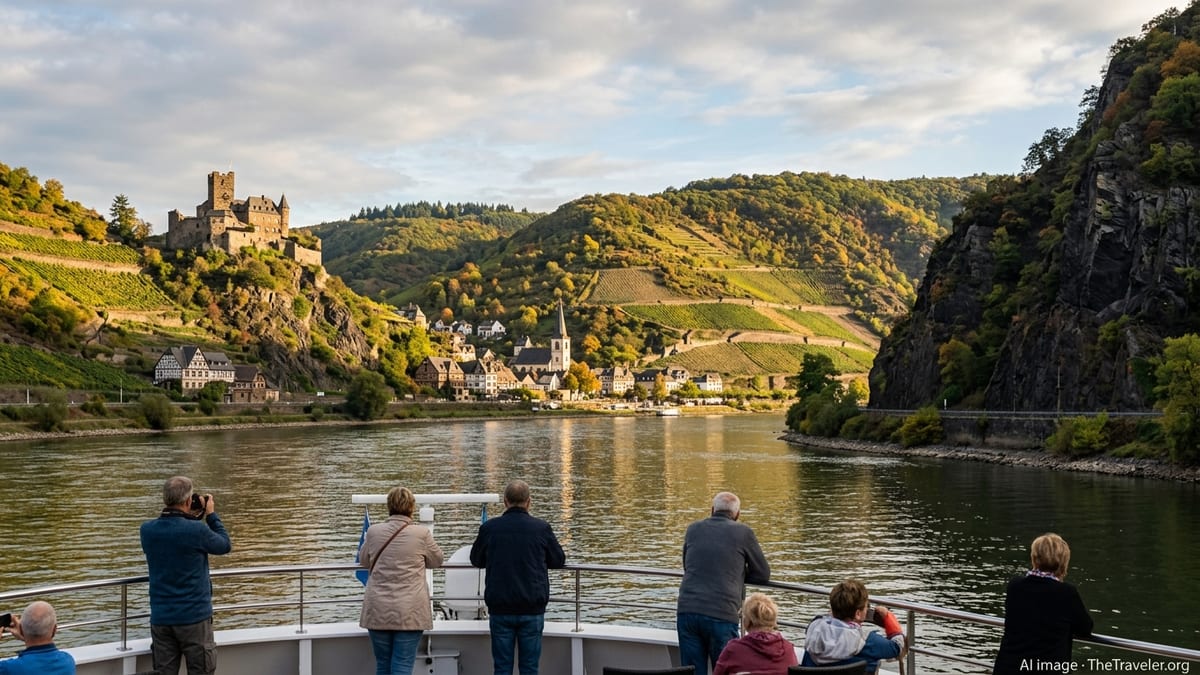 River cruise ship passes vineyards and castle on Germany’s Rhine River at sunset.