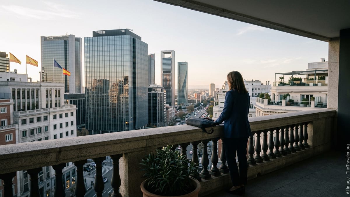 New resident overlooking Madrid financial district from balcony in soft afternoon light.