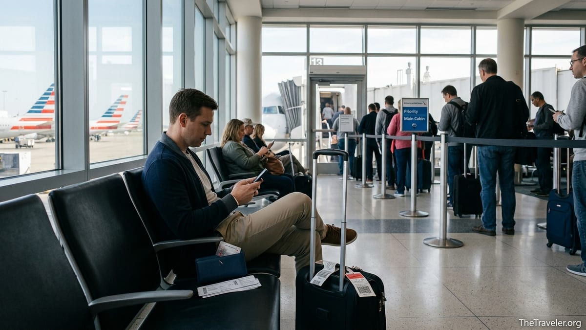 Traveler at an American Airlines gate checking a credit card and boarding passes before boarding.