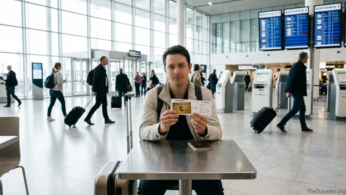 Traveler at a European airport café holding an Air France KLM Amex Gold card beside a boarding pass.