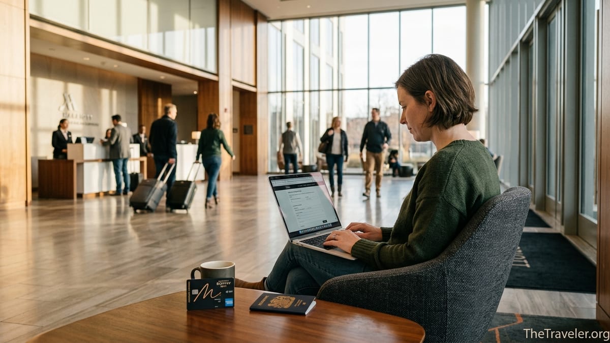 Traveler reviewing a Marriott credit card application on a laptop in a modern hotel lobby