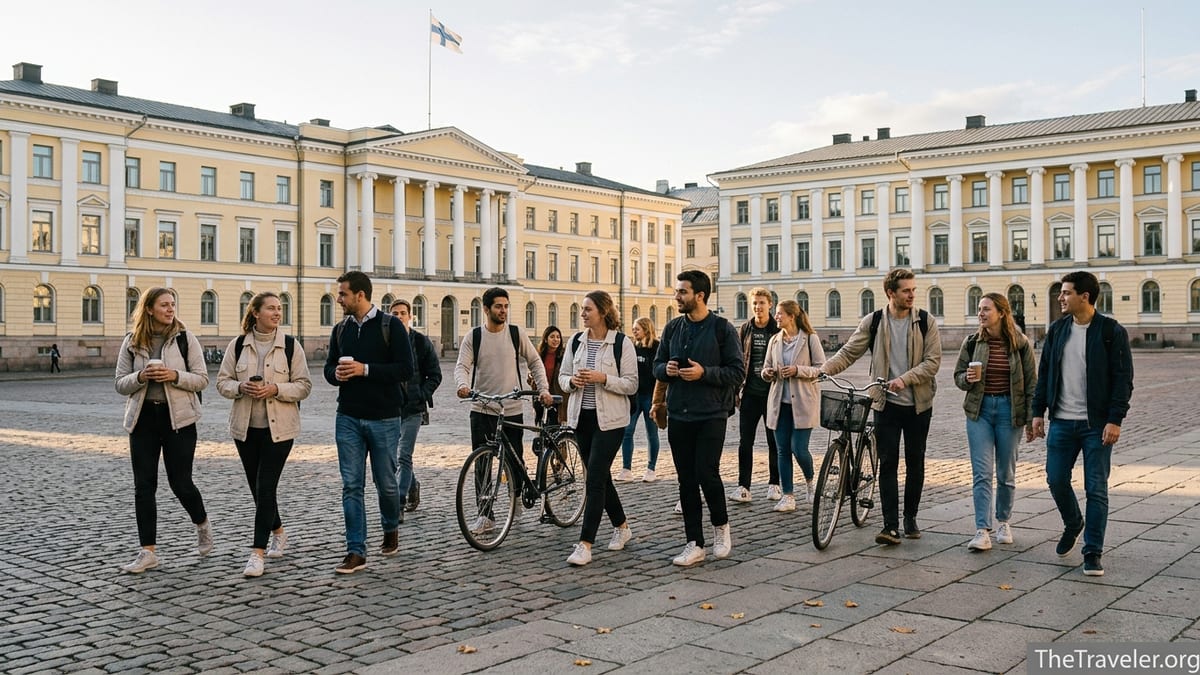 International students walking across the University of Helsinki City Centre campus on a sunny autumn afternoon.