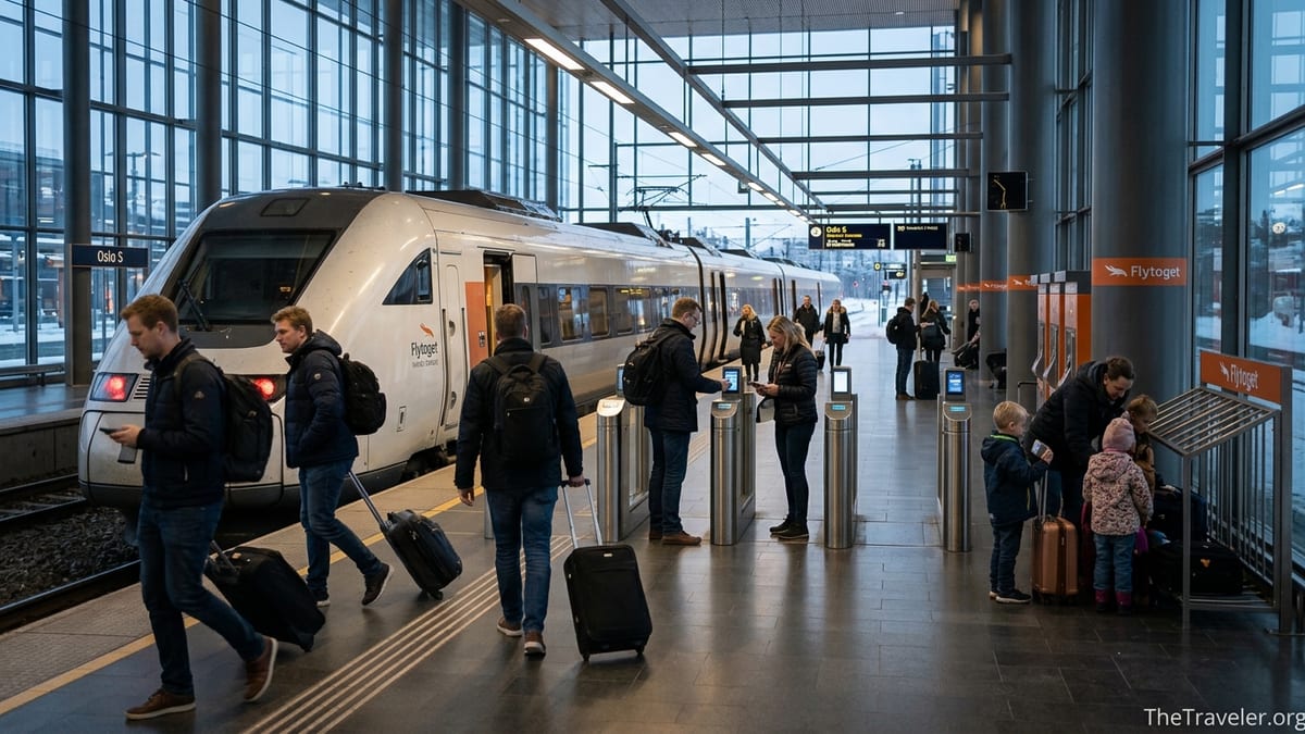 Travelers boarding a Flytoget Airport Express train at Oslo Airport platform.
