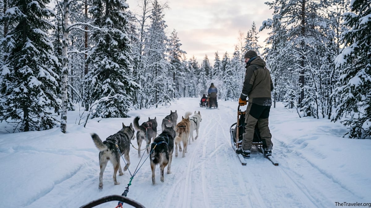 Traveler standing on a husky sled gliding through snowy Lapland forest at dusk.
