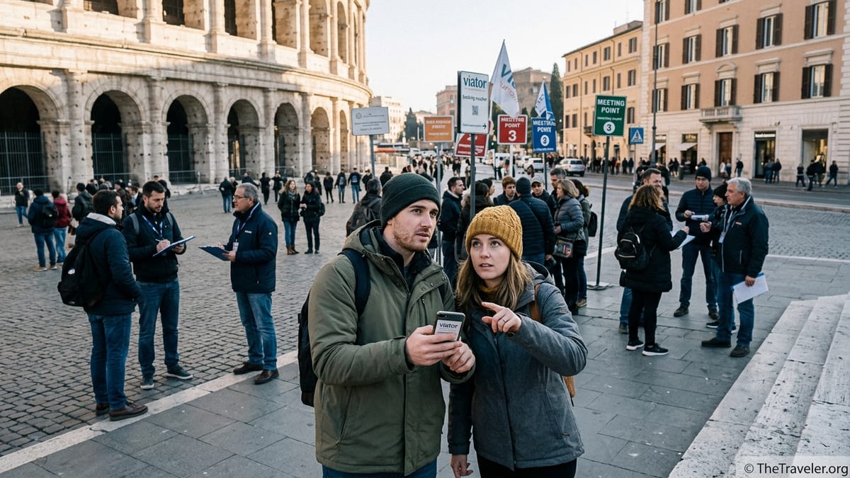 Travelers checking a tour booking on their phone at a busy city meeting point.