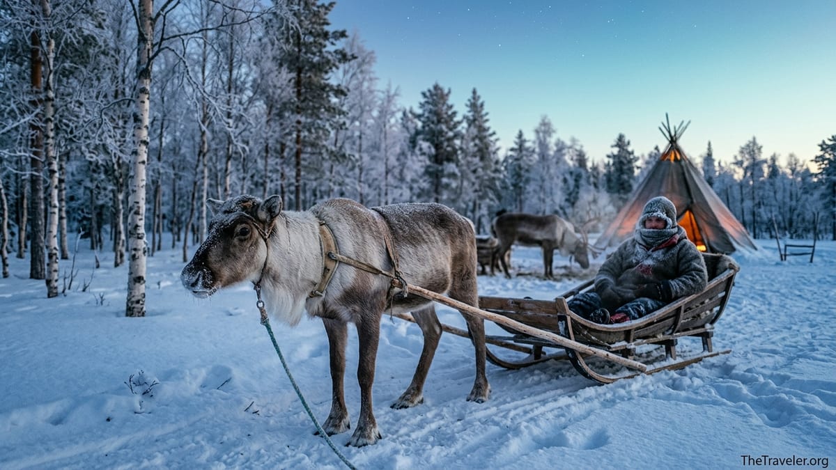 Traveler in a sled behind a reindeer moving through a snowy Arctic forest at dusk.