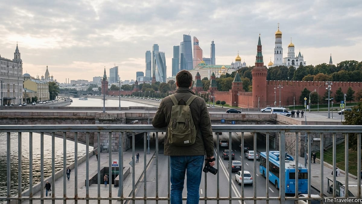 Traveler on a bridge overlooking the Kremlin and Moscow skyline under overcast skies.