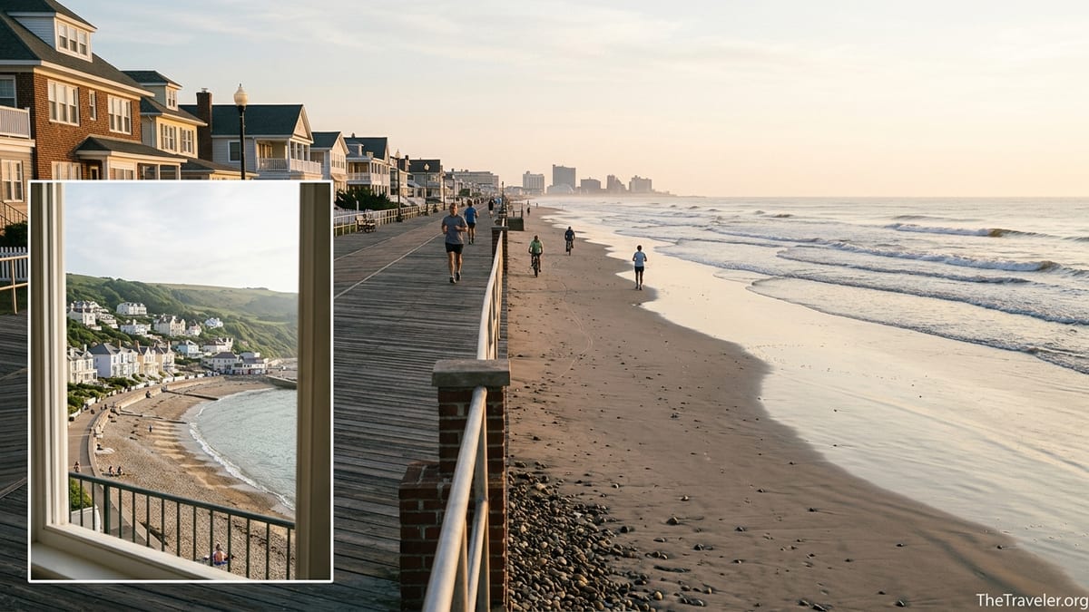Quiet Ventnor City, NJ boardwalk at sunrise with empty beach and soft waves.