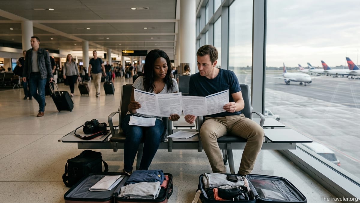 Travelers reading insurance documents in a busy airport departure lounge.