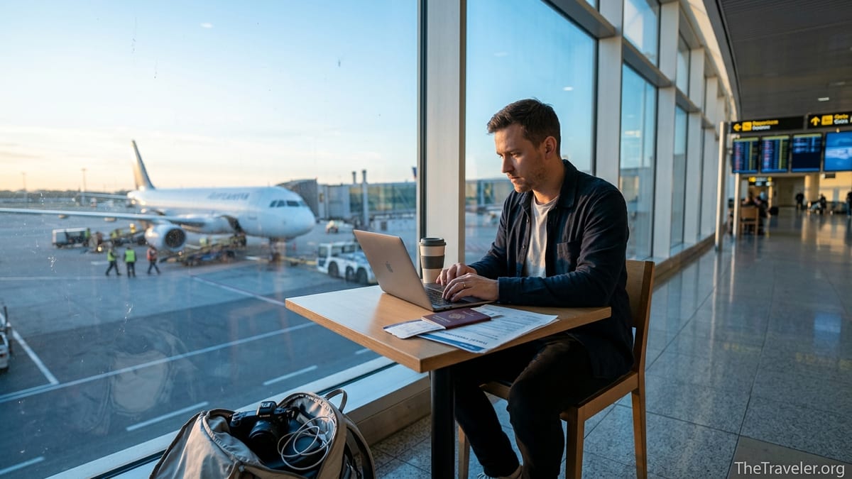 Remote worker reviewing travel insurance documents at an airport gate at dawn.