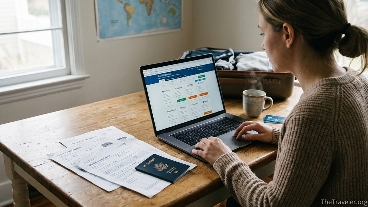 Traveler comparing online travel insurance options at a kitchen table before a trip