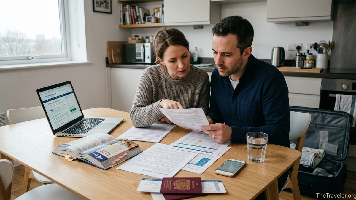 Couple reviewing travel insurance documents at a kitchen table before a trip.