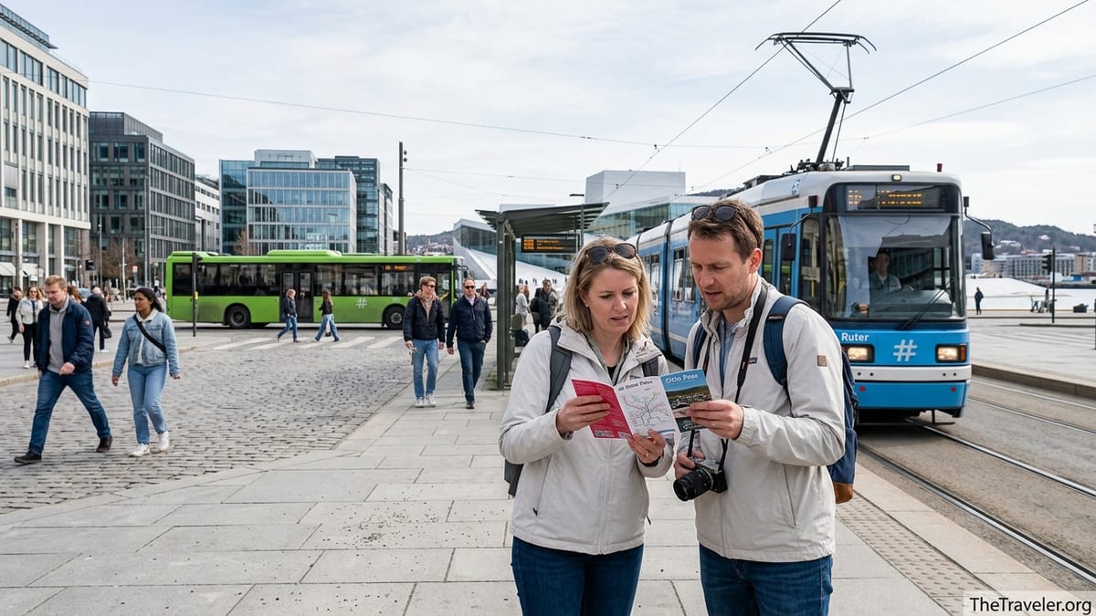 Tourists in central Oslo checking an Oslo Pass at a tram stop with a Ruter tram arriving.