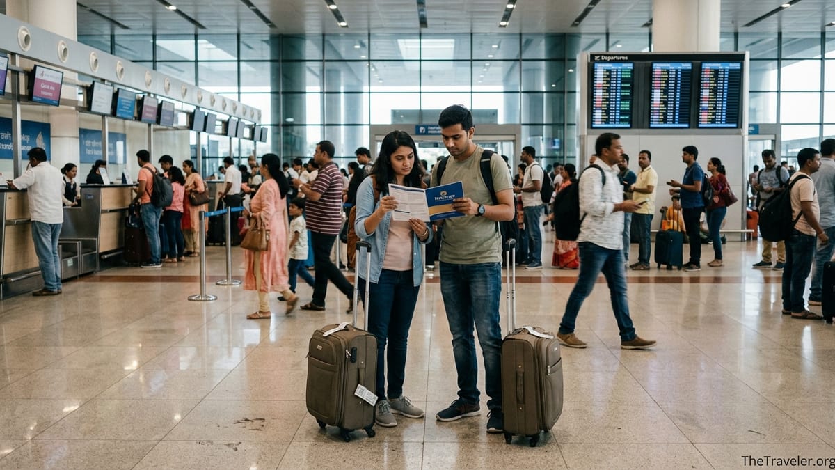 Indian travelers at an airport checking travel insurance documents before flying overseas.