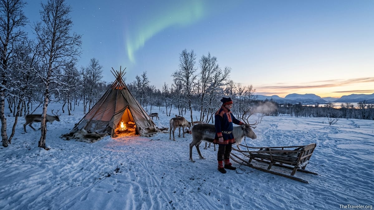 Sámi reindeer herder in traditional gákti beside reindeer and lávvu tent on snowy tundra at twilight.