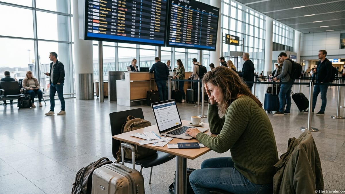 Traveler in an airport terminal working on a flight compensation claim during delays.