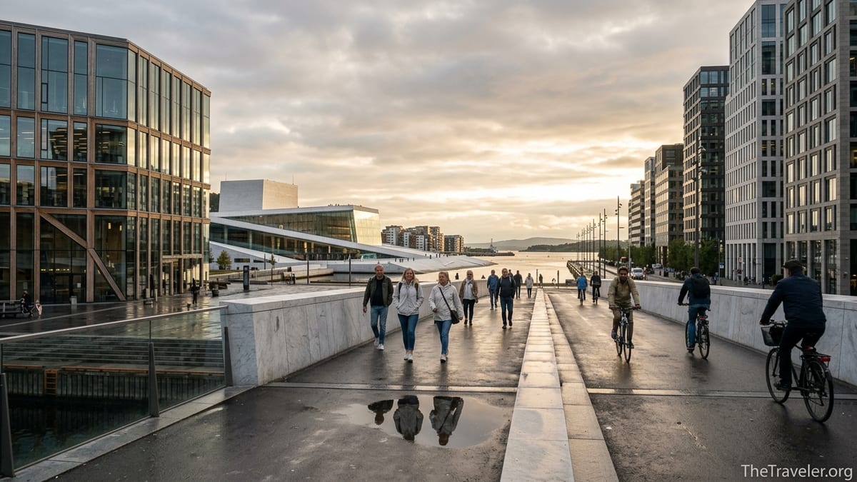 Travelers walking from Oslo Central Station toward Bjørvika’s Opera House, Deichman library and Barcode skyline at goldenhour