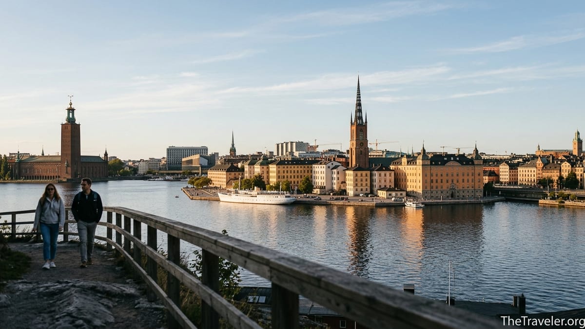 View of Stockholm’s Gamla Stan and Riddarholmen from Monteliusvägen at sunset with water and city skyline.