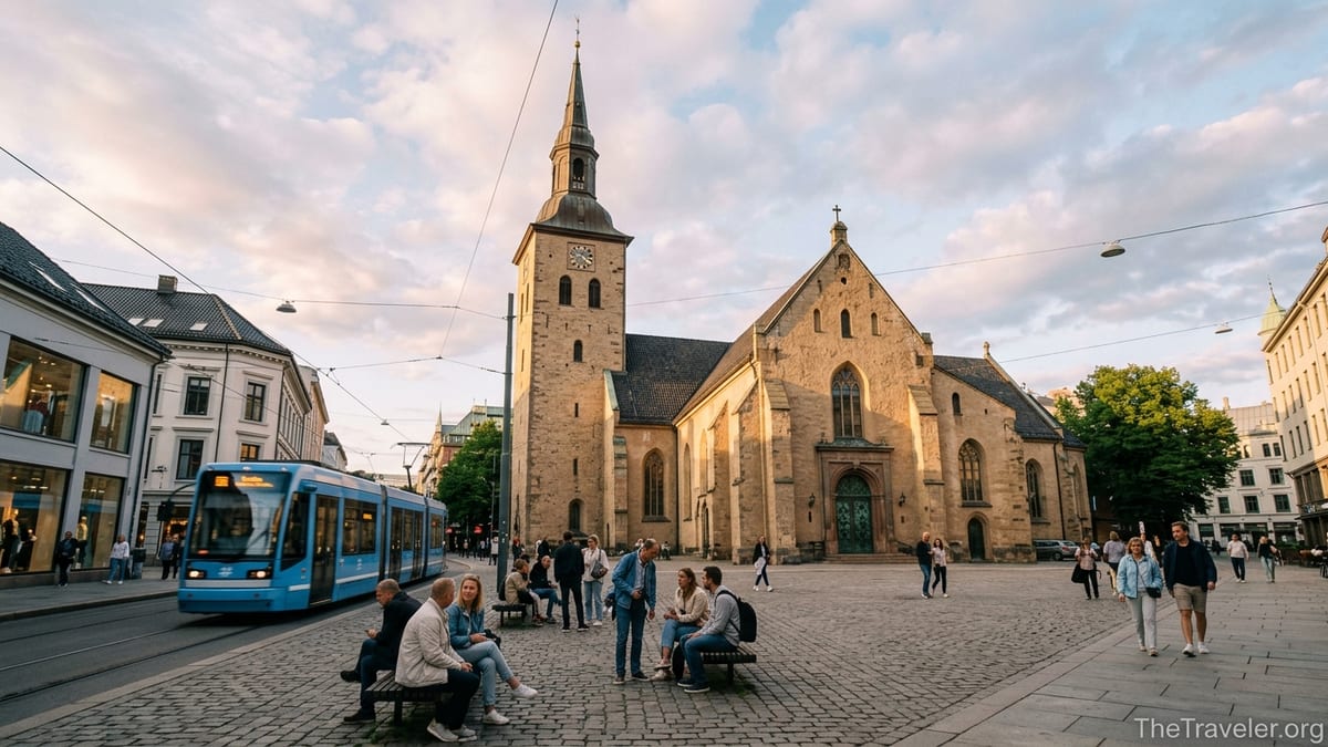 Oslo Cathedral seen from Stortorvet square with tram and pedestrians in soft evening light.
