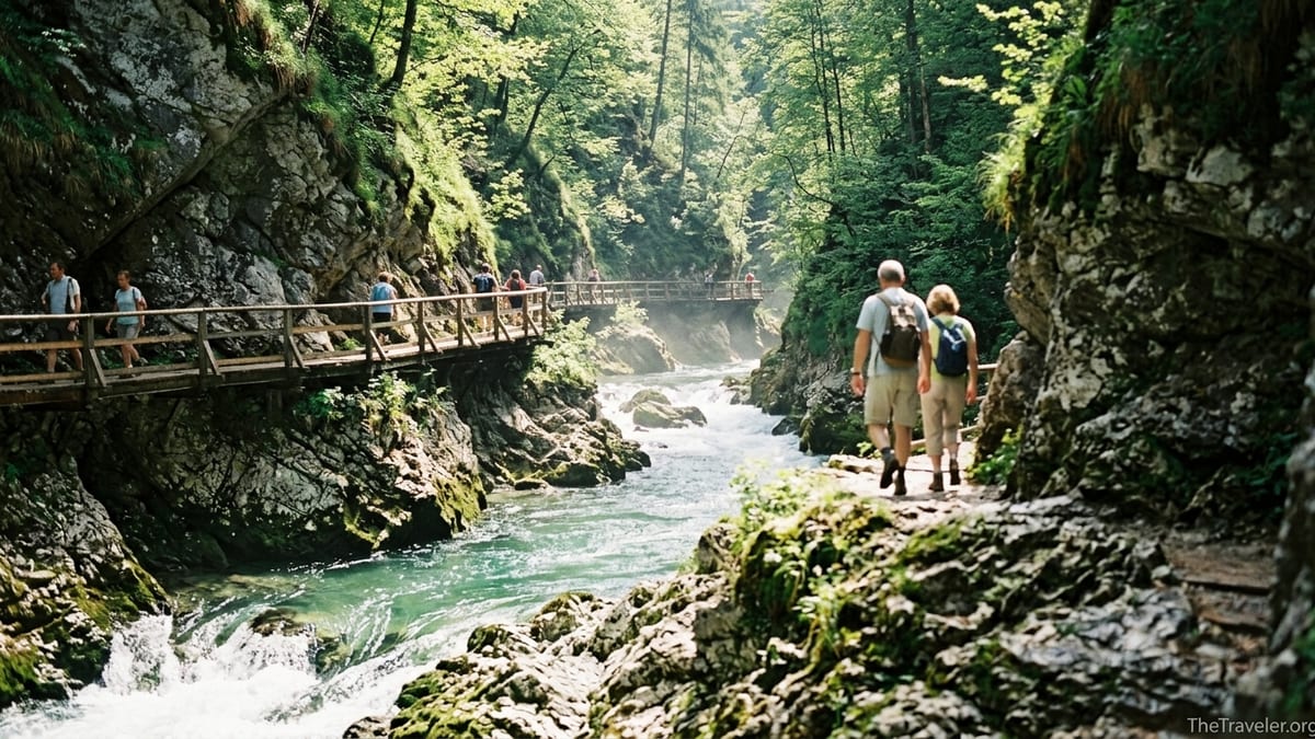 Visitors walking along the wooden boardwalk above the emerald river in Vintgar Gorge near Lake Bled.