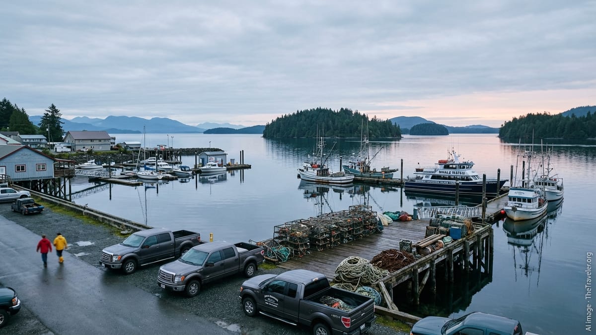 Working harbour and marina in Port McNeill with boats, docks and forested islands under soft coastal light.