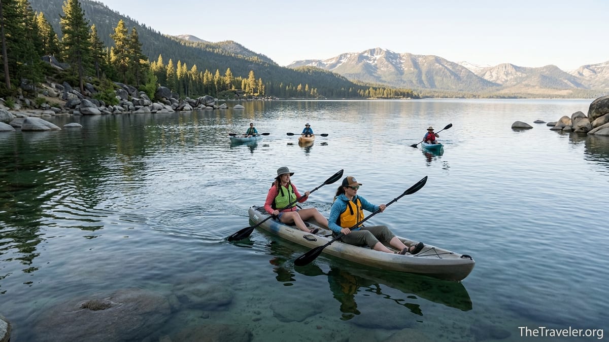 Beginner kayakers paddling calmly on a clear mountain lake at sunrise with pine-covered slopes and granite boulders in the背景.