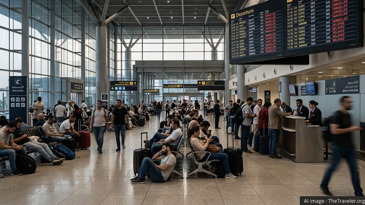 Stranded passengers wait among luggage in Beirut airport as departure boards show multiple cancellations.