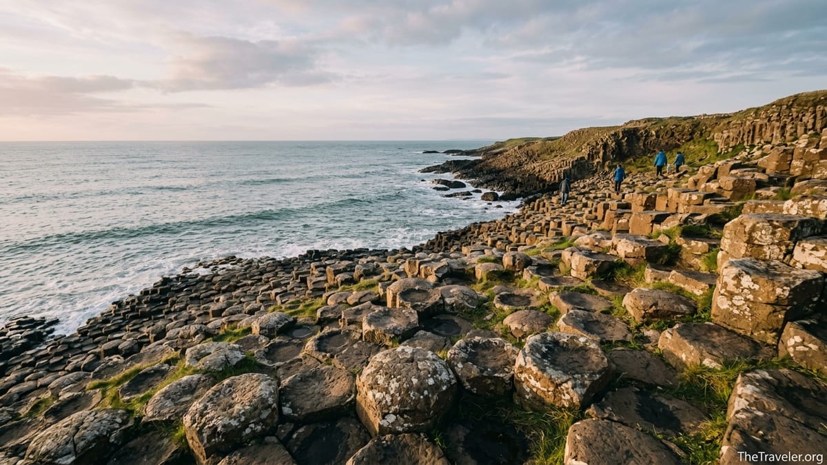 Golden hour view of the Giant’s Causeway basalt columns and cliffs on the Causeway Coast