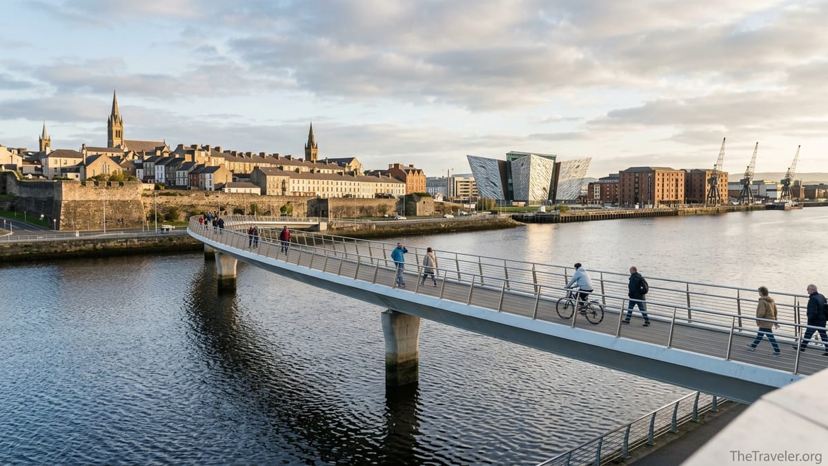 Riverfront scene with Peace Bridge style crossing and walled hilltop city at golden hour in Northern Ireland.