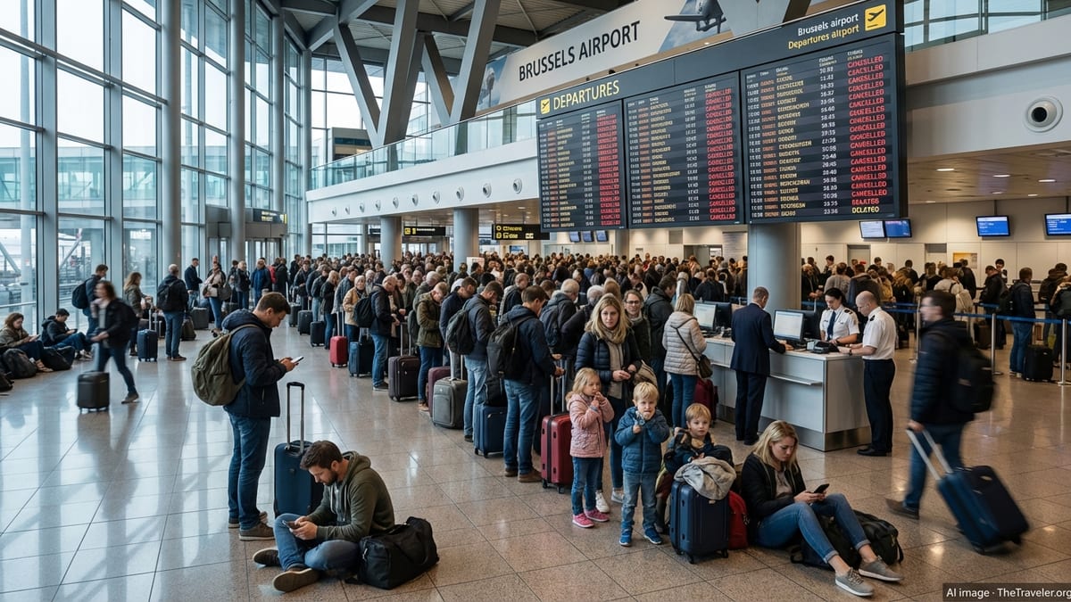 Crowded Brussels Airport departure hall with cancellation boards during strike.