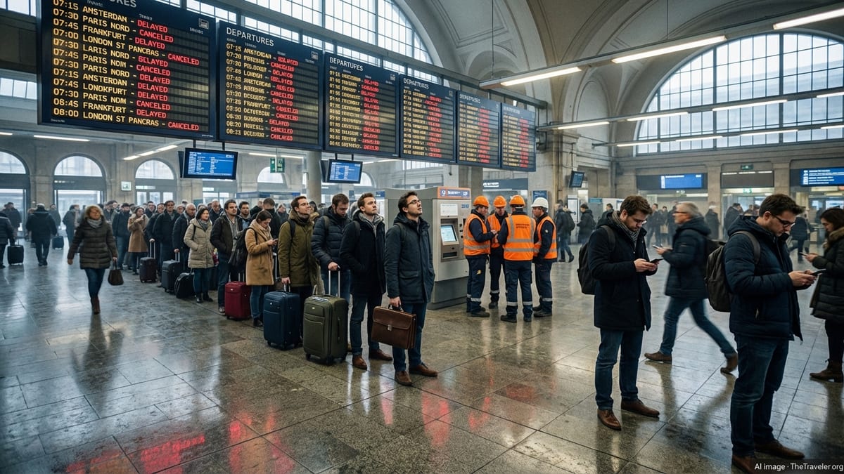 Crowded Brussels Central station with passengers under departure boards during rail strike disruptions.