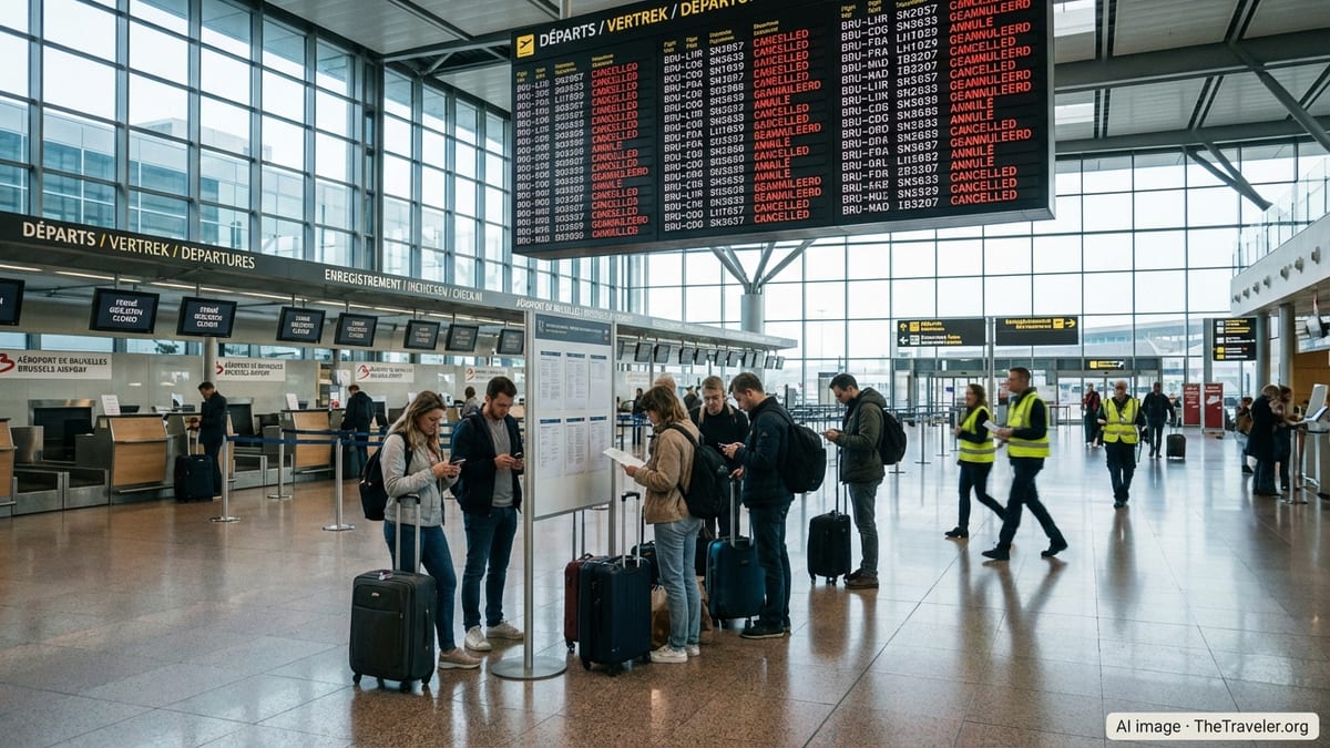 Passengers at Brussels Airport stand under a departure board filled with cancelled flights before a nationwide strike.
