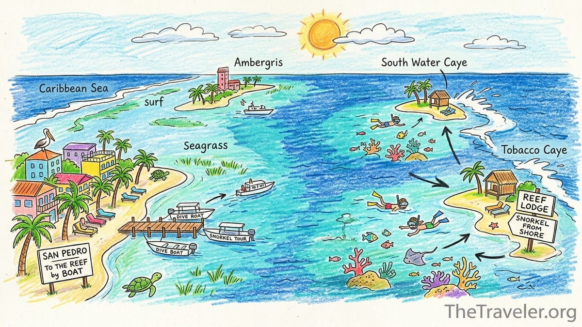Small Belize island resort on the barrier reef with dock and nearby coral heads.
