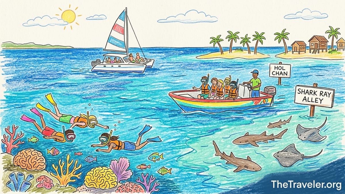 Snorkelers exploring the Belize Barrier Reef from a small tour boat near Ambergris Caye