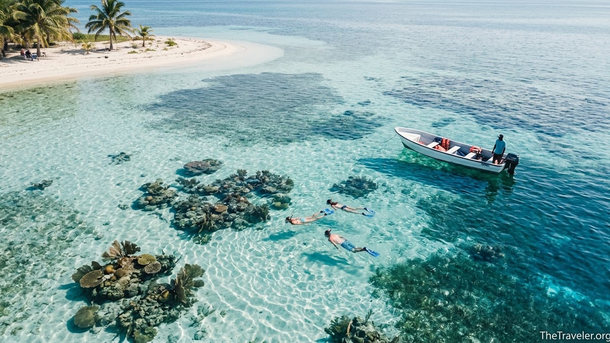 Snorkel boats anchored over the clear turquoise Belize Barrier Reef near small sandy cayes.